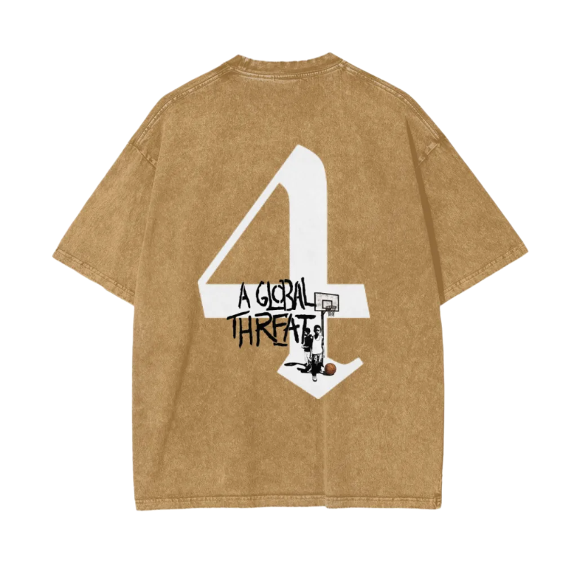 Brown t-shirt with a large white number '4' and text on the back, on a white background.