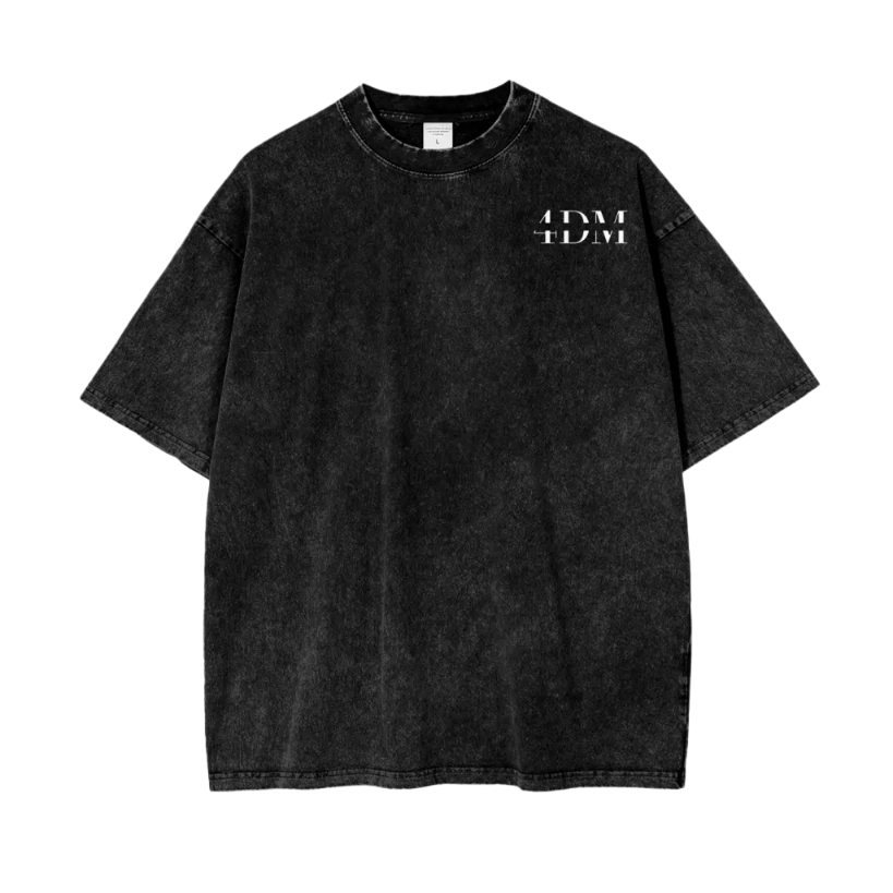 Black t-shirt with a logo on the chest against a white background